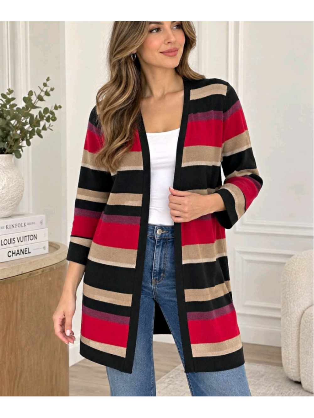 Chico's Cardigan 2P Large Petite Striped Cotton Preppy Heritage Chic Casual